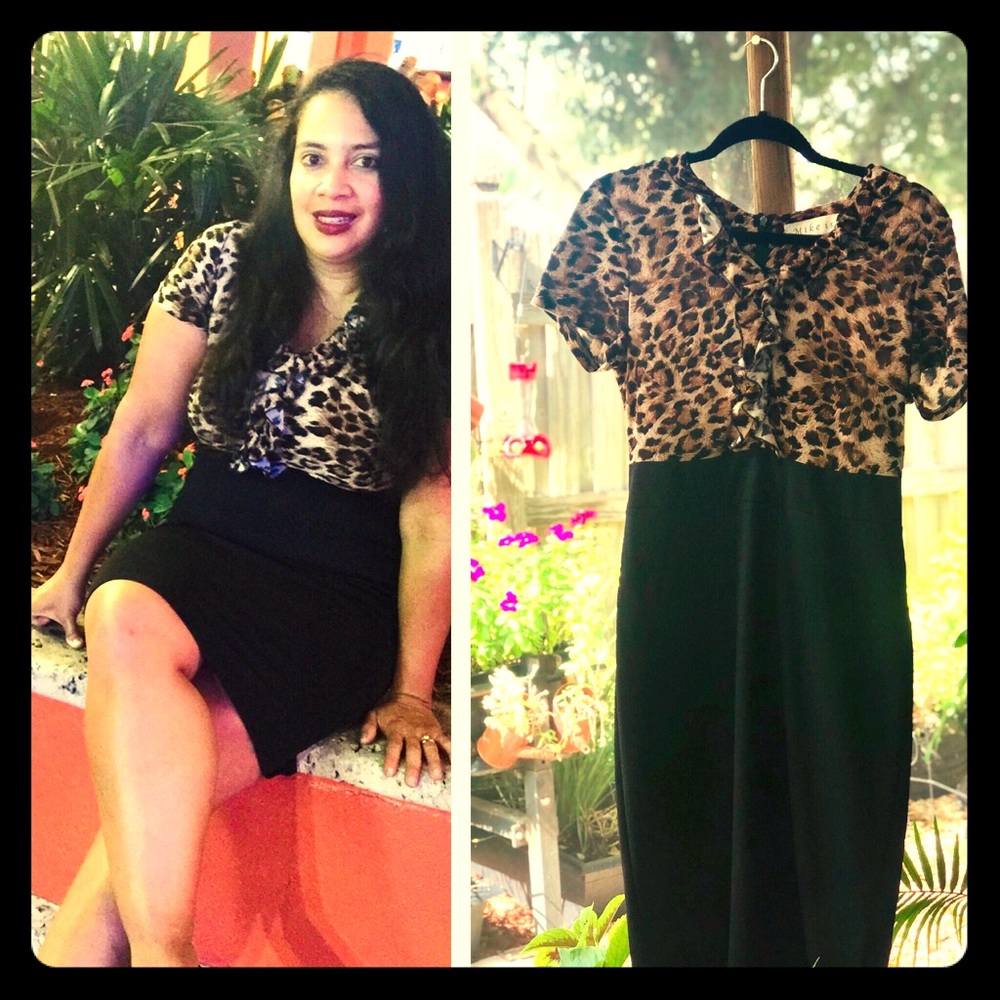 Leopard print/black form fitting dress with slit